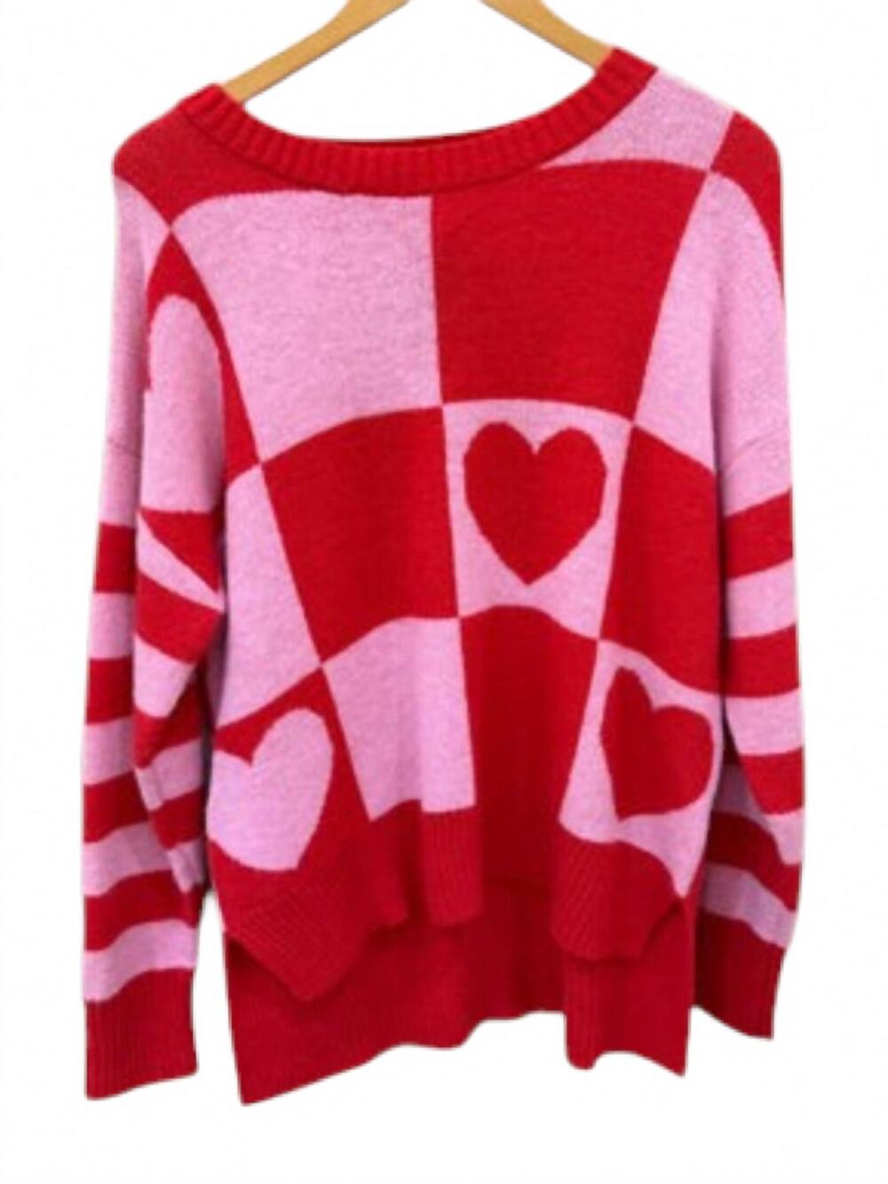 NEW ADORA women's checker heart sweater in red and pink